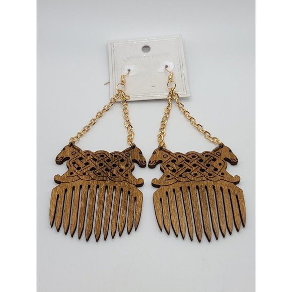 Large natural brown Wooden  Adinkra Afro COMB/Pick Earrings New Brown - Picture 1 of 1